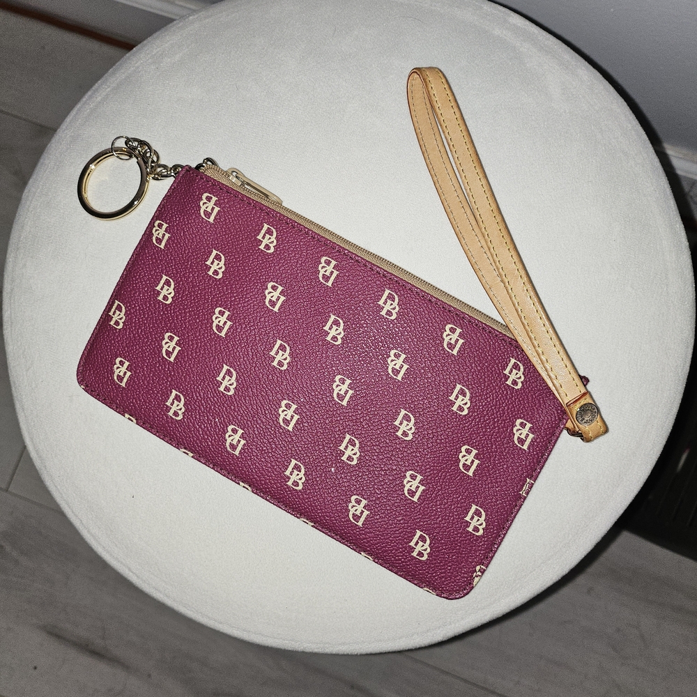 ❌️🚫 SOLD! Dooney & Bourke Burgundy Logo Wristlet with Tan Strap